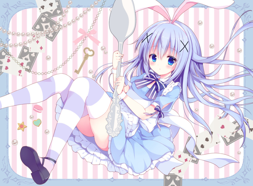 1girl, alice_(wonderland), alice_(wonderland)_(cosplay), alice_in_wonderland, animal_ears, apron, bangs, black_shoes