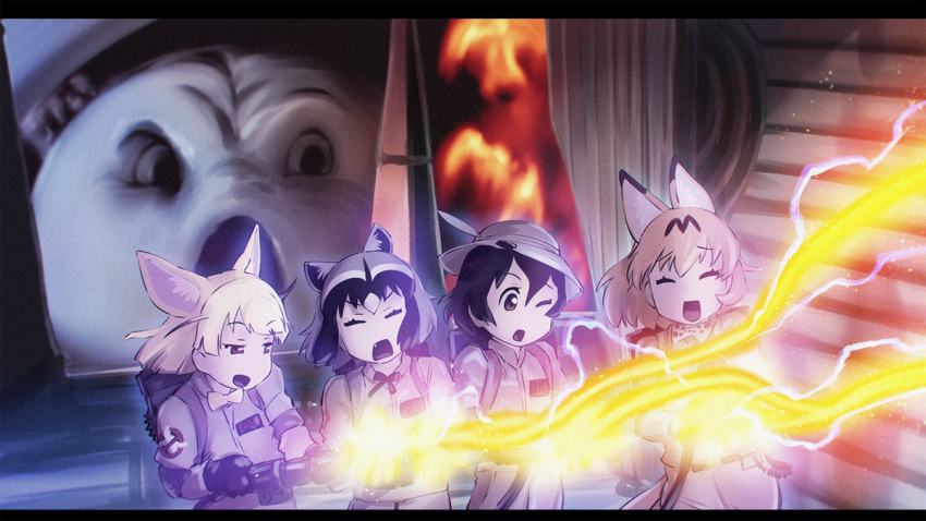 4girls, animal_ears, closed_eyes, commentary_request, common_raccoon_(kemono_friends), fang, fennec_(kemono_friends), fox_ears
