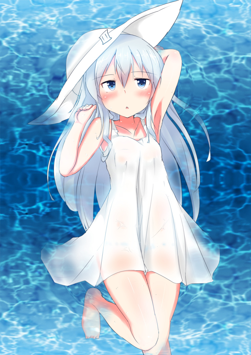 10s, 1girl, alternate_costume, armpits, barefoot, blue_eyes, dress, hair_between_eyes, hat, hibiki_(kantai_collection), highres, kantai_collection, long_hair, open_mouth, silver_hair, sleeveless, sleeveless_dress, solo, water, white_dress, white_hat, yuu_(alsiel)