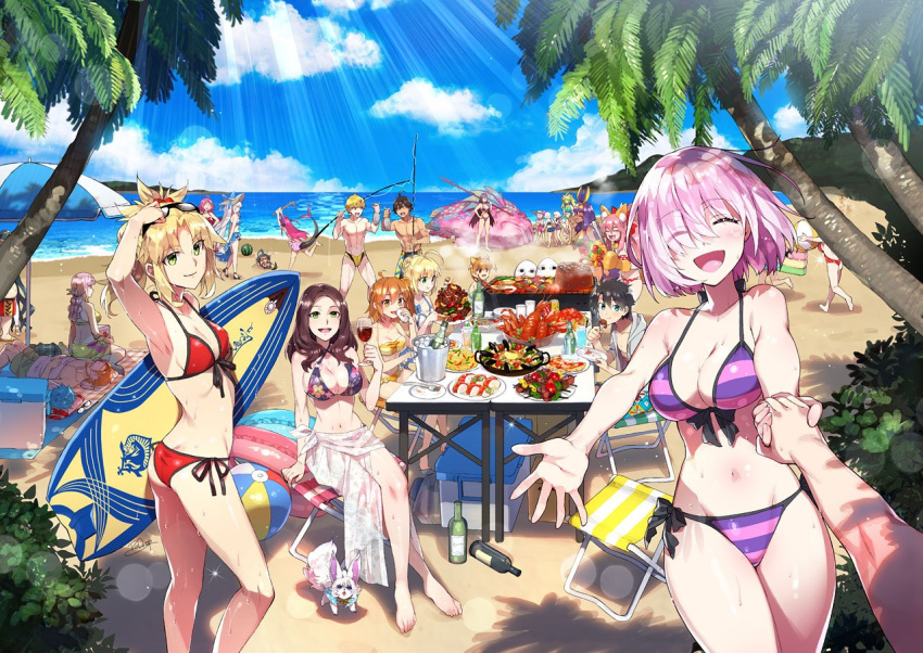 4boys, 6+girls, ahoge, animal_ears, artoria_pendragon_(all), artoria_pendragon_(swimsuit_archer), atalanta_(fate), beach