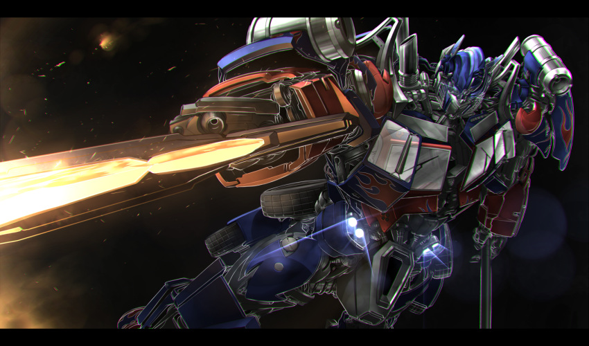 1boy, artist_request, autobot, blue_eyes, energon, energy, glowing, glowing_eye, glowing_eyes, glowing_sword, glowing_weapon, headgear, holding, holding_sword, holding_weapon, looking_at_viewer, machine, machinery, mecha, no_humans, optimus_prime, robot, solo, sword, transformers, weapon