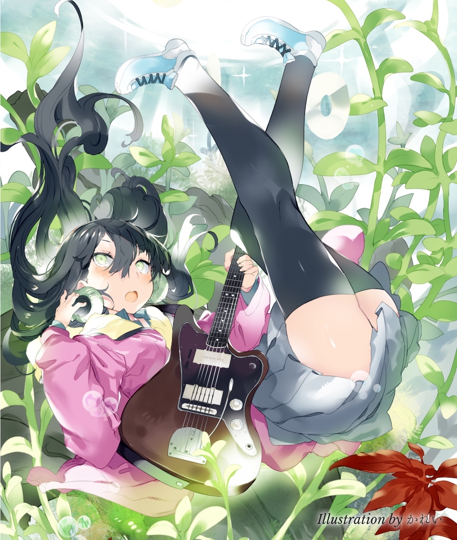 1girl, artist_name, bangs, black_hair, eyebrows_visible_through_hair, fender_jaguar, green_eyes, grey_skirt