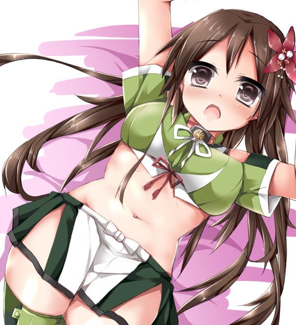 10s, 1girl, amagi_(kantai_collection), boots, breasts, brown_eyes, brown_hair, flower