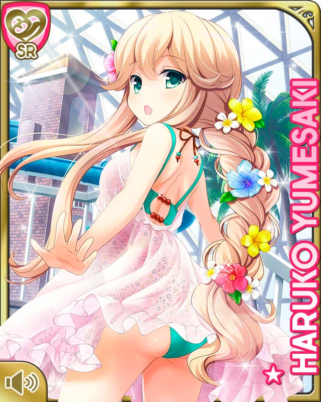 1girl, beads, bikini, blonde_hair, braid, character_name, day, dress, flower, girlfriend_(kari), green_eyes, hair_flower, hair_ornament, hibiscus, long_hair, open_mouth, outstretched_arms, palm_tree, plumeria, sundress, swimsuit, swimsuit_under_clothes, tree, yumesaki_haruko