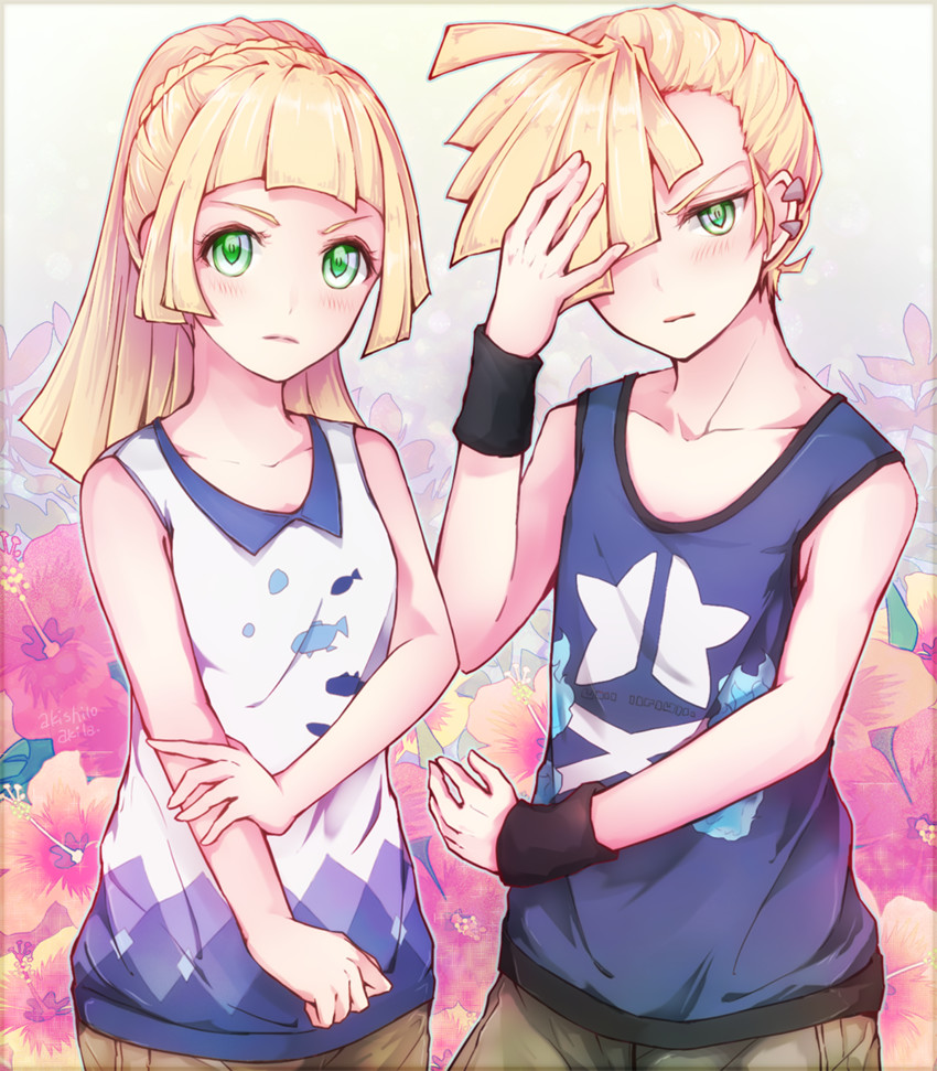 1boy, 1girl, akishiro, blonde_hair, blue_shirt, blush, braid, brother_and_sister, floral_background, flower, french_braid, gladio_(pokemon), green_eyes, hand_in_hair, hand_on_arm, hibiscus, lillie_(pokemon), pokemon, pokemon_(game), pokemon_sm, shirt, siblings, white_shirt