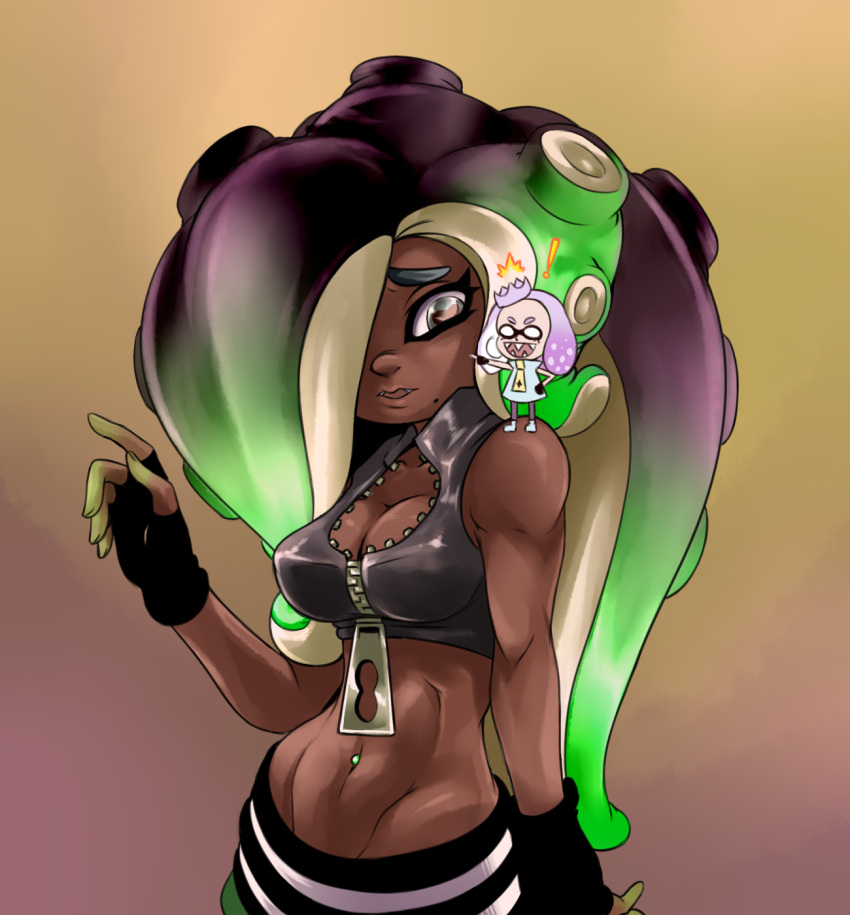 2girls, abs, black_eyes, black_gloves, black_hair, black_shirt, black_skin, breasts