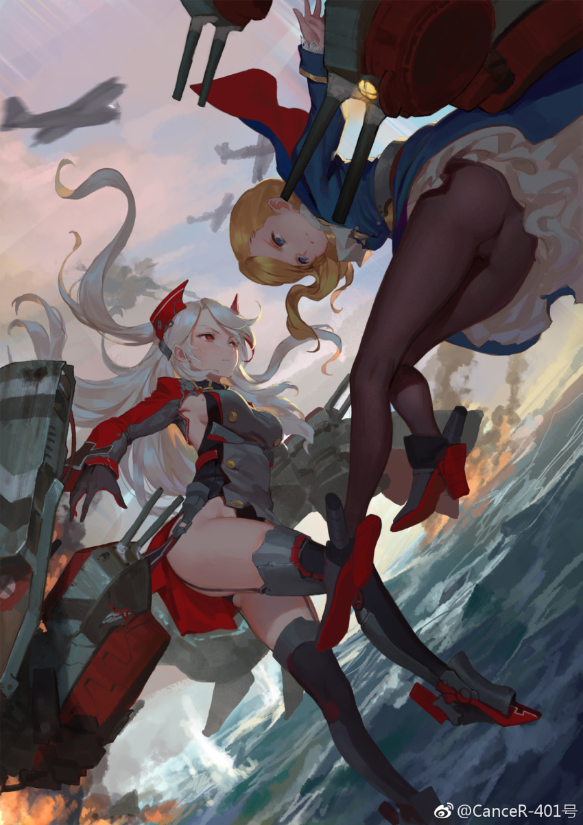 2girls, aircraft, airplane, bilan_hangxian, black_gloves, black_legwear, blonde_hair, blue_dress