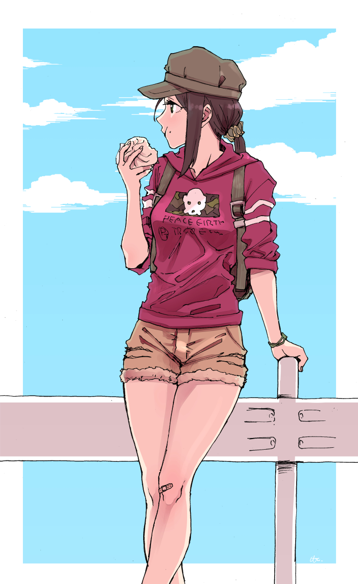 1girl, backpack, bag, bandaid, bandaid_on_knee, blue_sky, bracelet, brown_eyes, brown_hair, clothes_writing, clouds, crumbs, cutoffs, cyan_background, eating, fingernails, guard_rail, highres, hood, hoodie, idolmaster, idolmaster_cinderella_girls, jewelry, leaning_against_railing, legs, legs_crossed, looking_to_the_side, ponytail, scrunchie, shorts, sidelocks, simple_background, sitting, sky, sleeves_pushed_up, solo, thighs, watanukin_(etson122127), yamato_aki