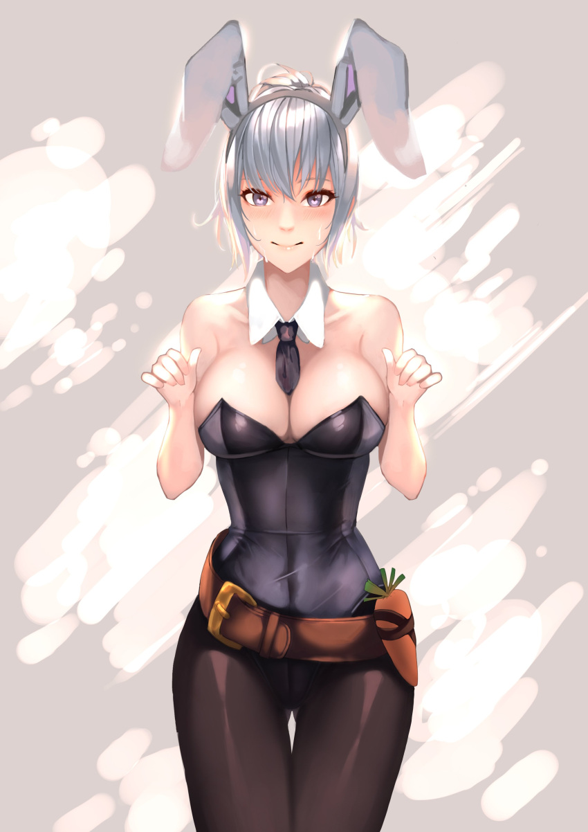 1girl, absurdres, animal_ears, aowltus209, battle_bunny_riven, belt, breasts, brown_legwear