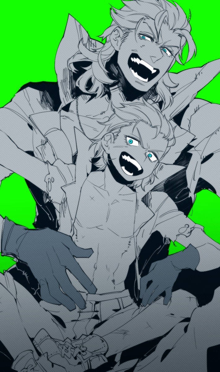 >:d, 2boys, :d, arm_up, blue_eyes, child, eli_(mgs), fangs