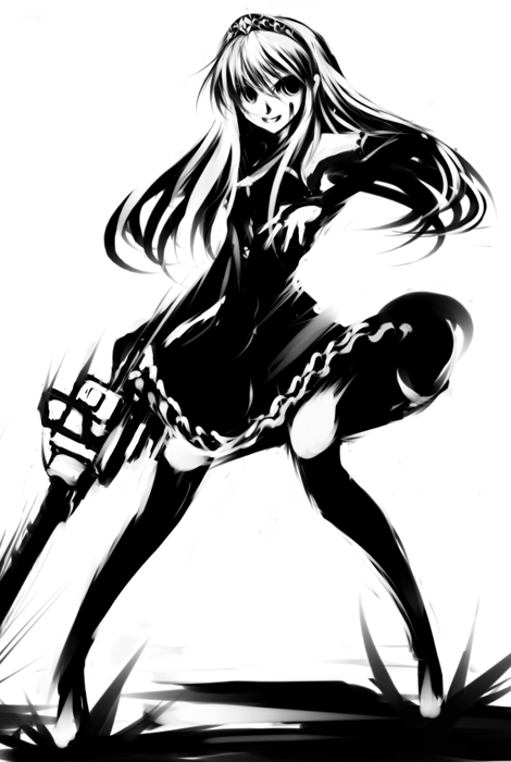 chicks_with_chainsaws, high_contrast, hime_(kaibutsu_oujo), kaibutsu_oujo, lilianne, mohomen, monochrome, thigh-highs