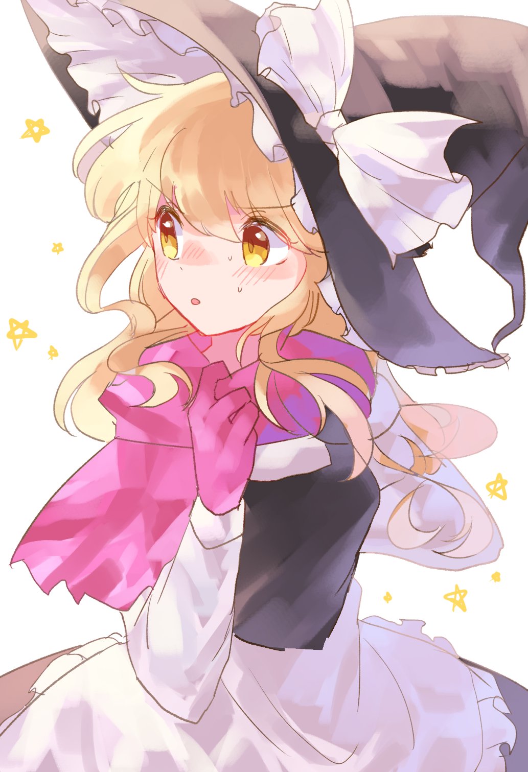 >:o, 1girl, :o, blonde_hair, blush, breasts, commentary, gloves, hat, hidden_star_in_four_seasons, highres, kirisame_marisa, long_hair, long_sleeves, looking_away, medium_breasts, pink_gloves, pink_scarf, rakulog, scarf, skirt, skirt_set, solo, star, sweat, touhou, vest, wavy_hair, witch_hat, yellow_eyes
