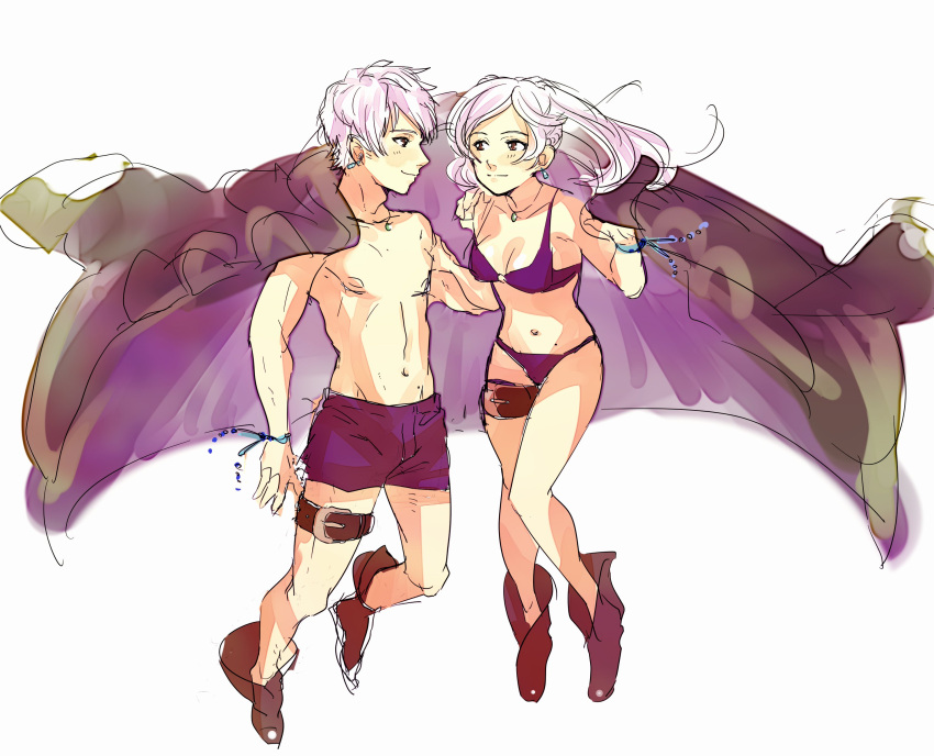 1boy, 1girl, bikini, breasts, cape, cute, dual_persona, female_swimwear