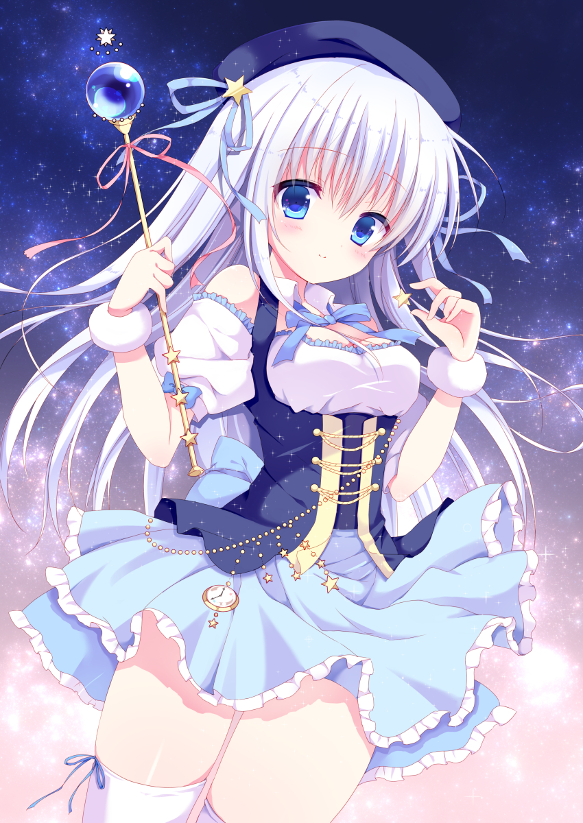 1girl, bangs, bare_shoulders, blue_eyes, blue_hair, blue_ribbon, blush, bow_legwear