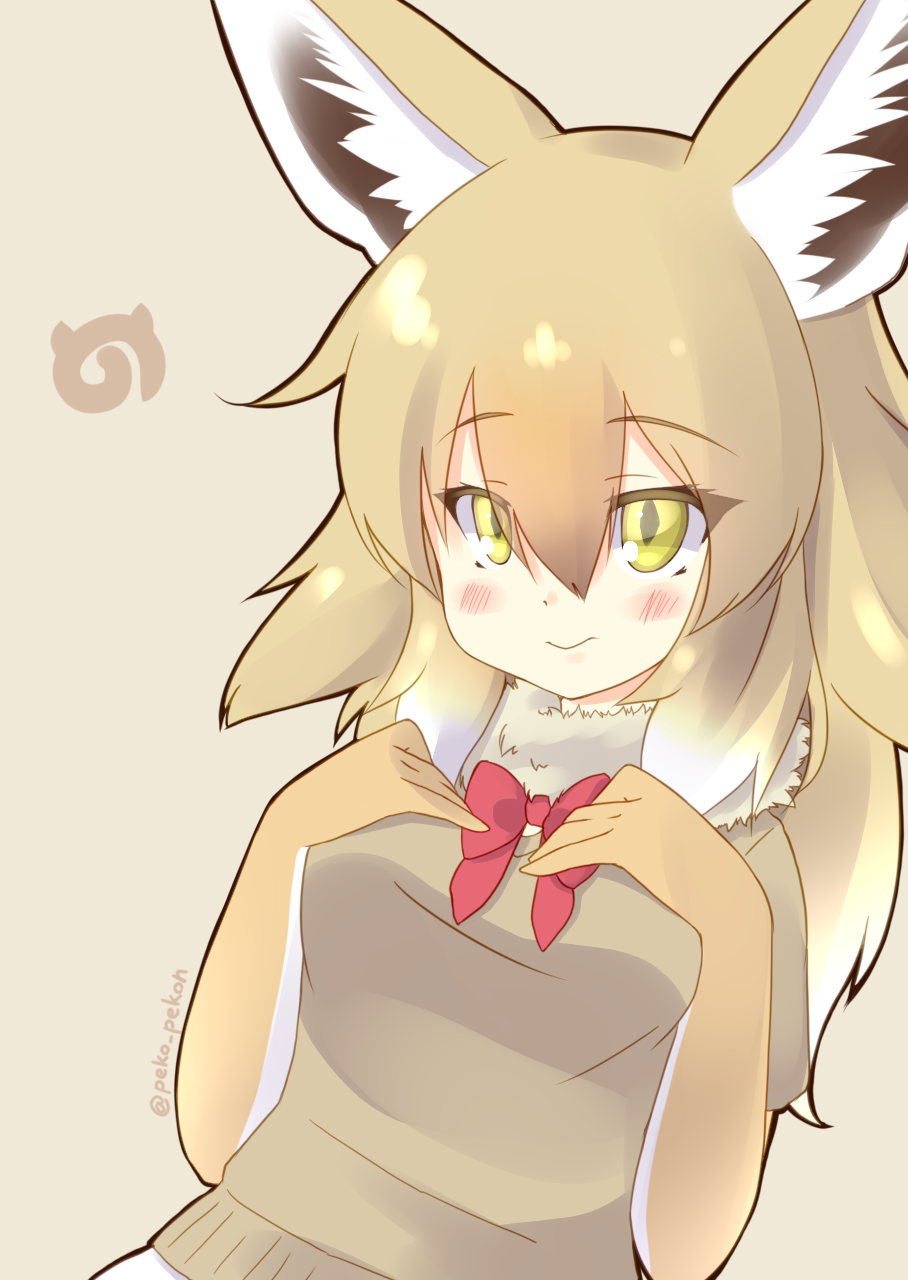 1girl, african_golden_wolf_(kemono_friends), animal_ears, artist_name, blonde_hair, blush, bow, bowtie