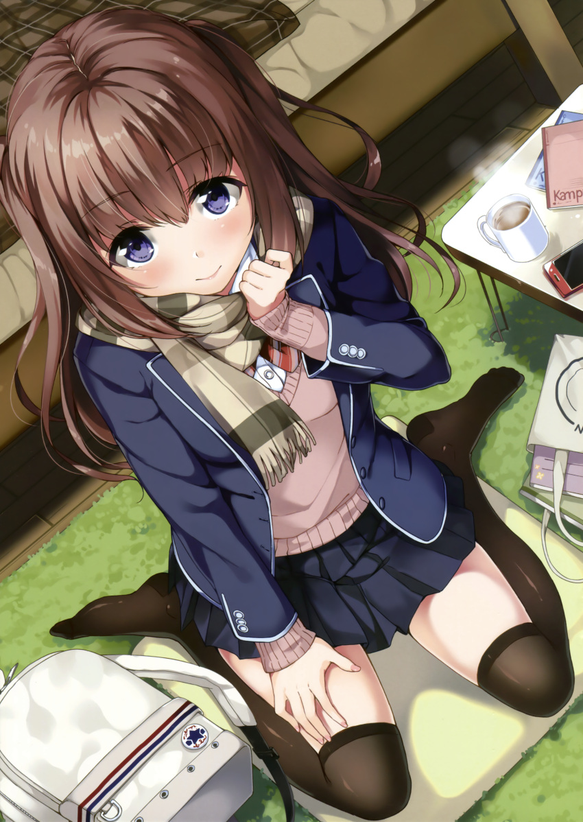 1girl, absurdres, backpack, bag, bangs, bed, bedroom, bedside, black_legwear, blazer, blue_skirt, blush, book, brown_hair, brown_scarf, brown_sweater, cellphone, checkered_blanket, closed_mouth, coffee, cup, dutch_angle, eyebrows_visible_through_hair, feet, fringe, full_body, hand_on_own_thigh, hand_on_thigh, hand_up, highres, indoors, jacket, long_hair, looking_at_viewer, mug, no_shoes, notebook, on_floor, open_blazer, open_clothes, open_jacket, original, over-kneehighs, phone, pleated_skirt, scan, scarf, sitting, skirt, smartphone, smile, solo, striped, striped_scarf, thigh-highs, two_side_up, unasaka_ryou, violet_eyes, wariza
