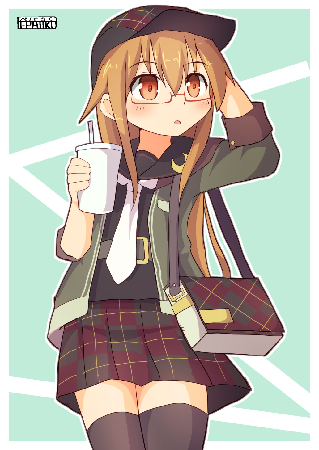 10s, 1girl, bag, black_legwear, brown_eyes, brown_hair, crescent, cup