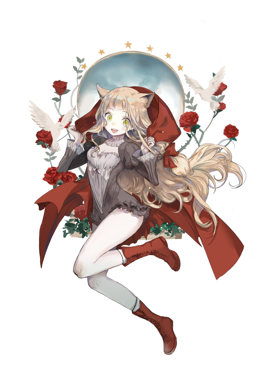 1girl, absurdres, bangs, bird, boots, brown_hair, cloak, flower