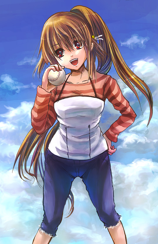 brown_hair, jeans, little_busters!, little_busters!!, long_hair, natsume_rin, ponytail, red_eyes