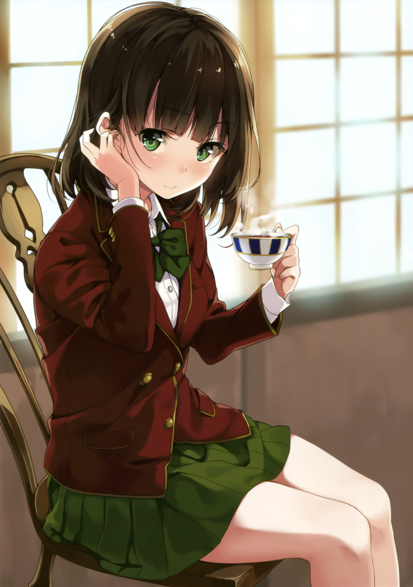 1girl, absurdres, bangs, blunt_bangs, bow, bowtie, breasts, brown_hair