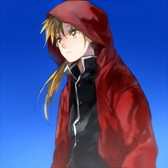 1boy, alphonse_elric, black_shirt, blonde_hair, blue_background, coat, conqueror_of_shambala, fullmetal_alchemist