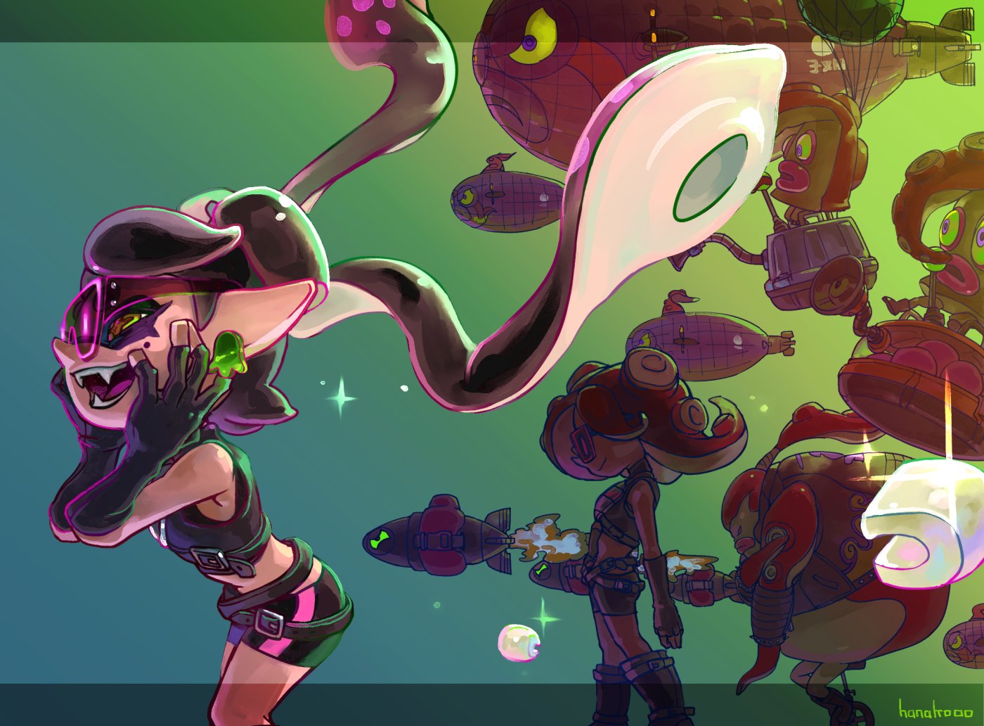 +_+, 2girls, aircraft, aori_(splatoon), armor, bike_shorts, black_hair, blimp, cosplay, dirigible, domino_mask, earrings, fangs, from_side, hands_on_own_face, jewelry, leaning_forward, mask, midriff, mole, mole_under_eye, multiple_girls, navel, octarian, octo_samurai, octotrooper, open_mouth, pointy_ears, pointy_nose, smile, splatoon, splatoon_2, sunglasses, symbol-shaped_pupils, takozonesu, takozonesu_(cosplay), teeth, tentacle_hair, vest, yandere_trance, yellow_eyes