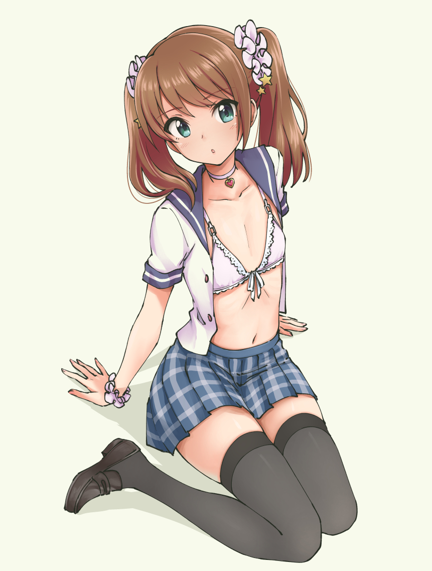 1boy, black_legwear, bra, brown_hair, choker, crossdressinging, eyebrows_visible_through_hair, flat_chest