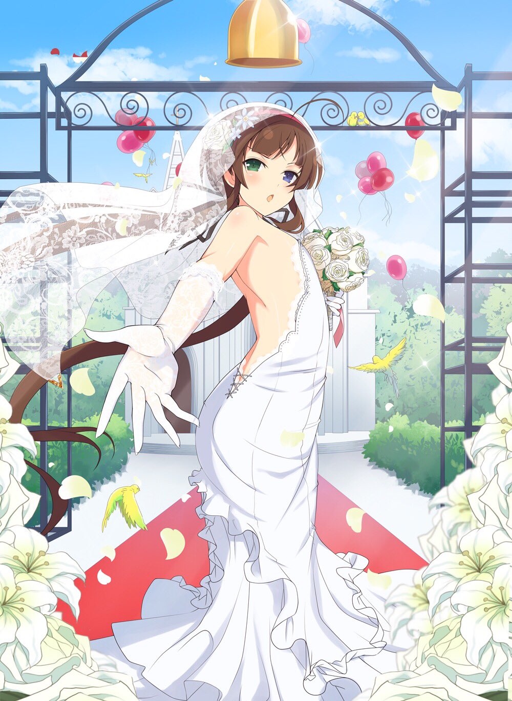 1girl, balloon, bare_shoulders, blue_eyes, bouquet, bridal_veil, bride, brown_hair