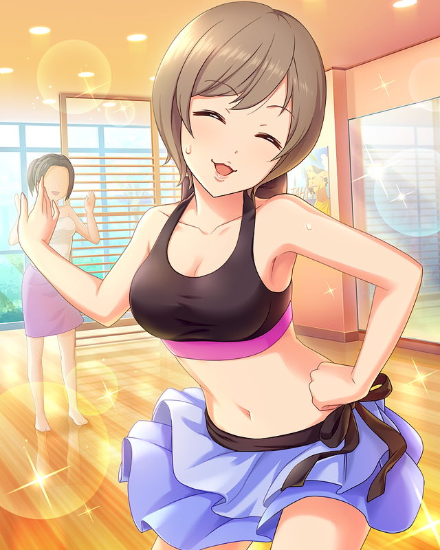 2girls, artist_request, black_hair, blue_skirt, brown_hair, card_(medium), closed_eyes, faceless, faceless_female, gym_uniform, idolmaster, idolmaster_cinderella_girls, manaka_misato, midriff, mirror, multiple_girls, official_art, short_hair, skirt, sweat, tree