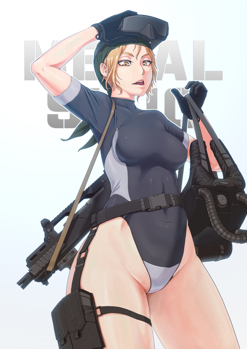 1girl, absurdres, assault_rifle, blonde_hair, diving_mask, diving_suit, earrings, g36c