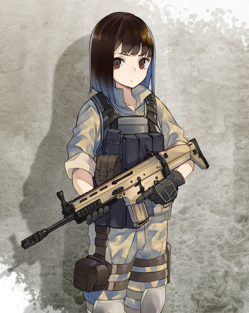 1girl, black_gloves, brown_eyes, brown_hair, camouflage, camouflage_jacket, camouflage_pants, closed_mouth