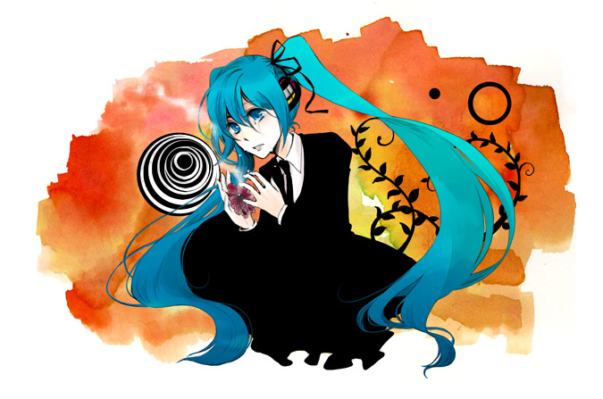 blue_eyes, blue_hair, flower, formal, hair_ribbon, hatsune_miku, headphones, kotemari_noboru, neckie, saihate_(vocaloid), skirt_suit, suit, tears, twintails, very_long_hair, vines, vocaloid