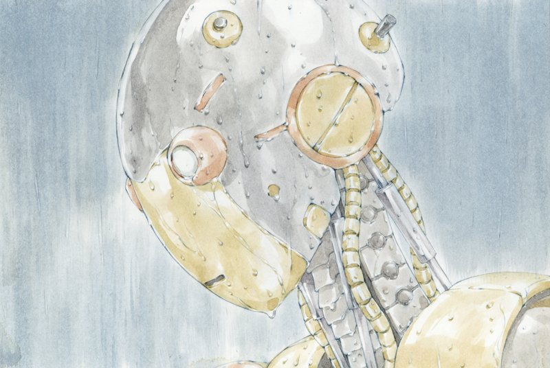 a106, atom:_the_beginning, close-up, grey_background, looking_afar, no_humans, rain, robot