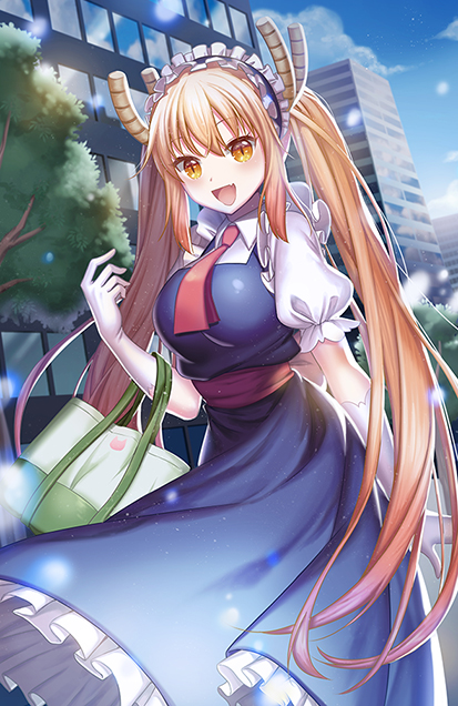 1girl, 4b, blush, breasts, eyebrows_visible_through_hair, horns, kobayashi-san_chi_no_maidragon, large_breasts, looking_at_viewer, maid_headdress, necktie, open_mouth, orange_eyes, orange_hair, red_necktie, smile, solo, tooru_(maidragon), twintails