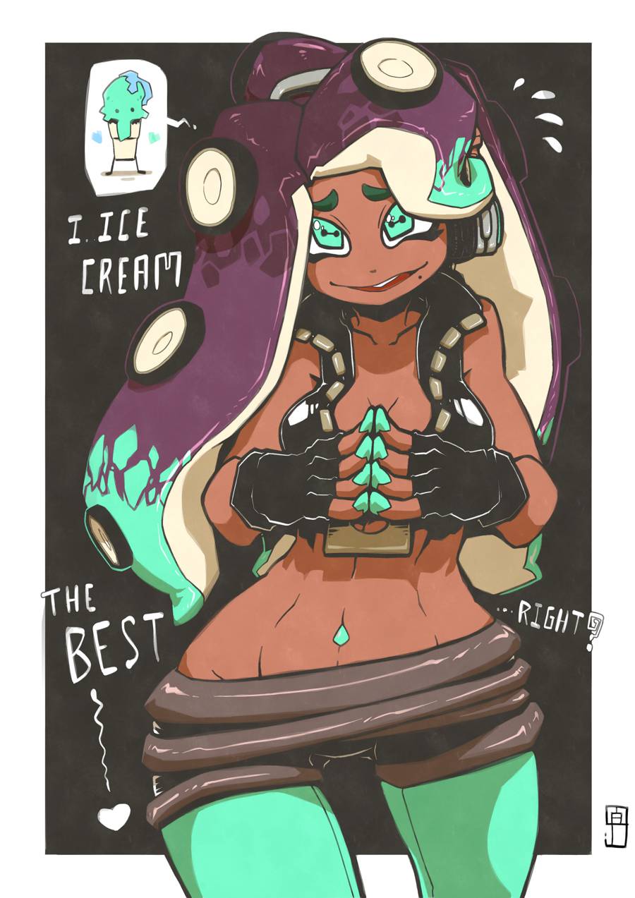 1girl, bare_arms, bare_shoulders, chawalit_adsawawalanon, collarbone, collared_vest, cowboy_shot, crop_top, cropped_vest, dark_skin, eyebrows, fingerless_gloves, flying_sweatdrops, food, gloves, green_eyes, green_hair, green_legwear, hands_together, hands_up, head_tilt, headphones, heart, high_collar, highres, ice_cream, ice_cream_cone, long_hair, looking_at_viewer, marina_(splatoon), midriff, mole, mole_under_mouth, multicolored_hair, navel, navel_piercing, octarian, pantyhose, pantyhose_under_shorts, parted_lips, partially_unzipped, piercing, purple_hair, short_shorts, shorts, shy, smile, solo, splatoon, splatoon_2, standing, stomach, suction_cups, tentacle_hair, vest, zipper