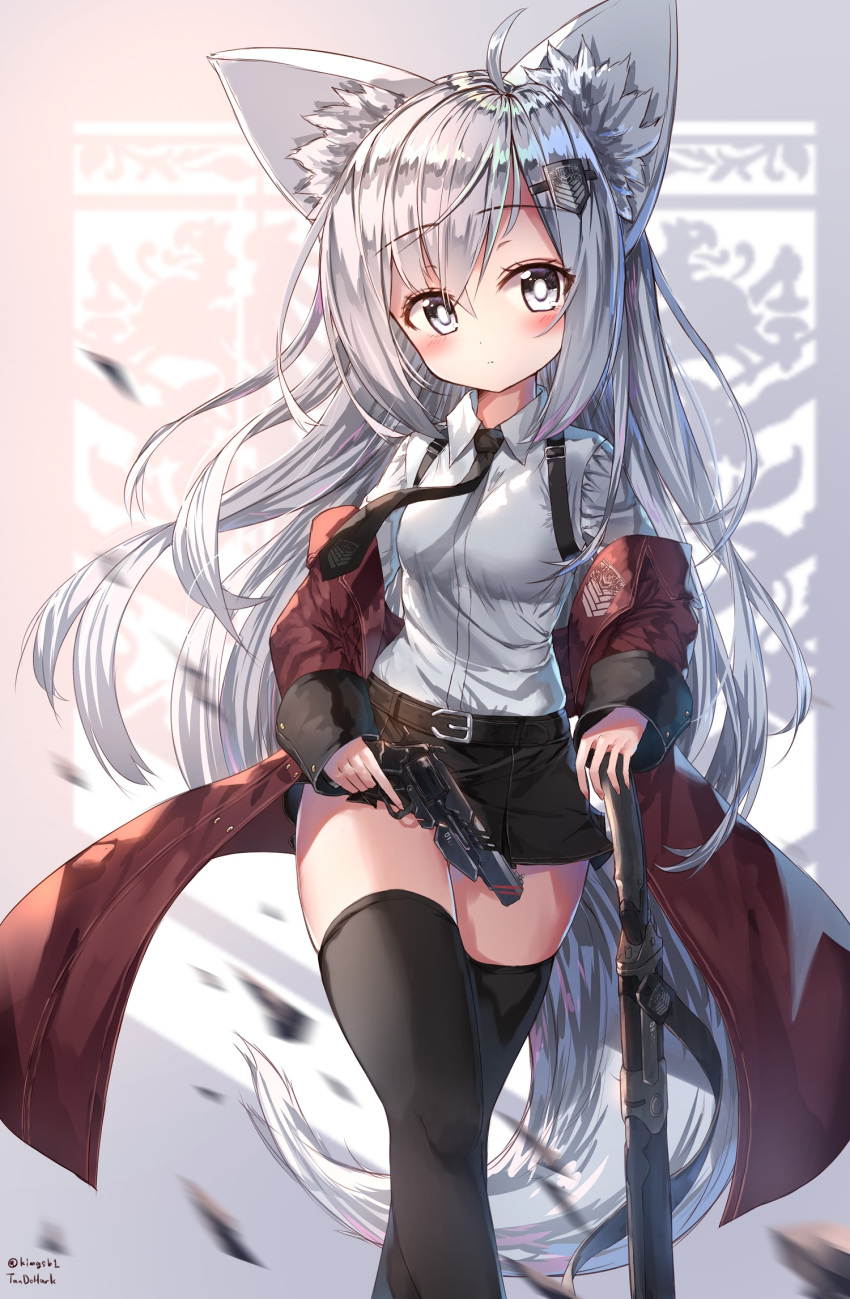 1girl, animal_ears, belt, black_legwear, blue_eyes, blush, coat, gun
