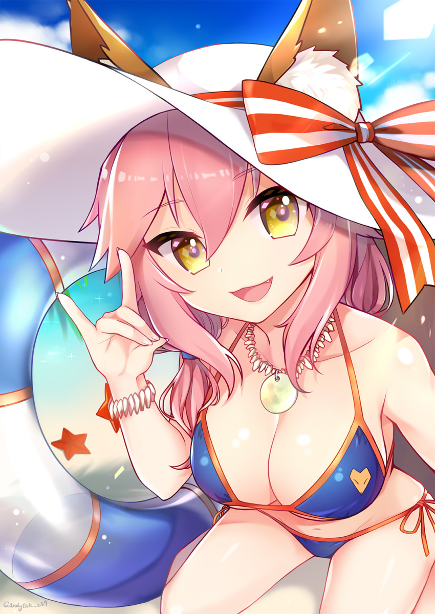 1girl, animal_ears, bikini, blue_bikini, blush, breasts, cleavage, collarbone, day, ears_through_headwear, fate/extra, fate/grand_order, fate_(series), fox_ears, fox_shadow_puppet, fox_tail, garcon_meteor, hat, highres, large_breasts, long_hair, looking_at_viewer, nature, navel, ocean, outdoors, pink_hair, solo, swimsuit, tail, tamamo_(fate)_(all), tamamo_no_mae_(swimsuit_lancer)_(fate), yellow_eyes