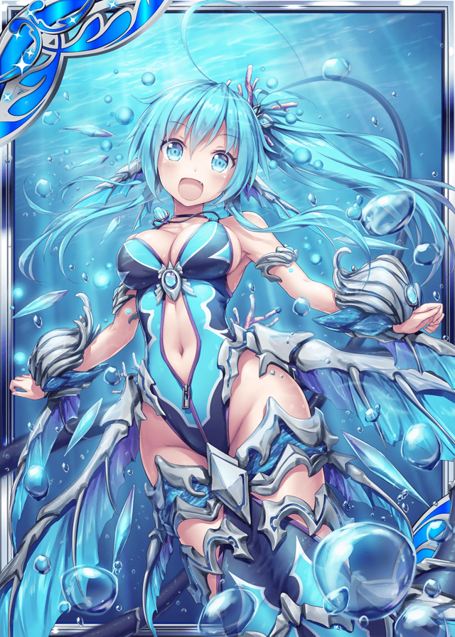 1girl, akkijin, aqua_eyes, aqua_hair, bodysuit, bubble, card, coral