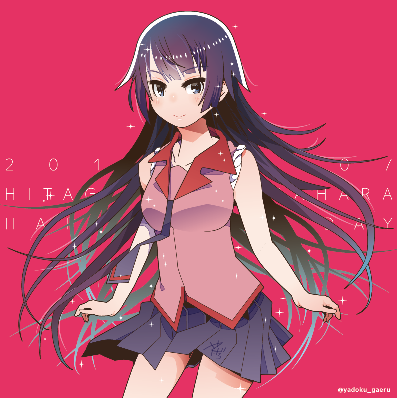 1girl, blue_eyes, long_hair, looking_at_viewer, monogatari_(series), purple_hair, red_background, school_uniform, senjougahara_hitagi, shirt, sleeveless, sleeveless_shirt, solo, twitter_username, yadokugaeru