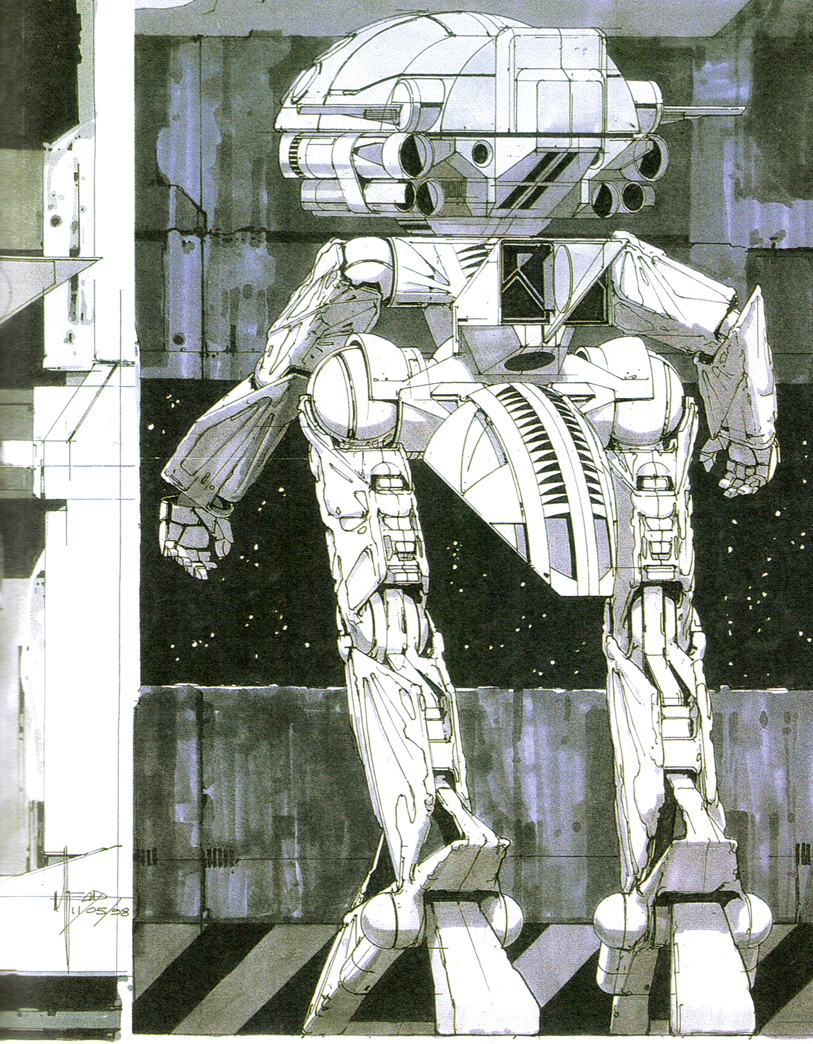 facing_away, gundam, hangar, mecha, monochrome, official_art, production_art, scan