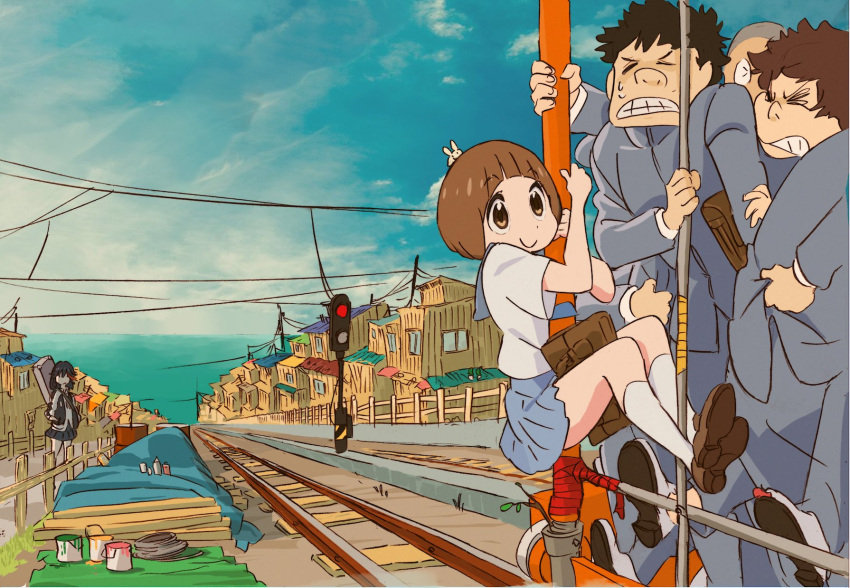 >_<, >o<, 2girls, 3boys, bag, bangs, black_hair, black_skirt