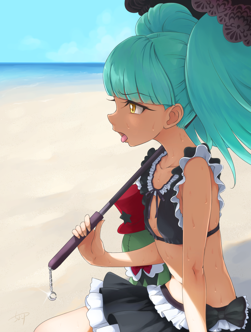 1girl, aqua_hair, beach, biburi_(precure), bikini, bikini_skirt, black_bikini, chocokin