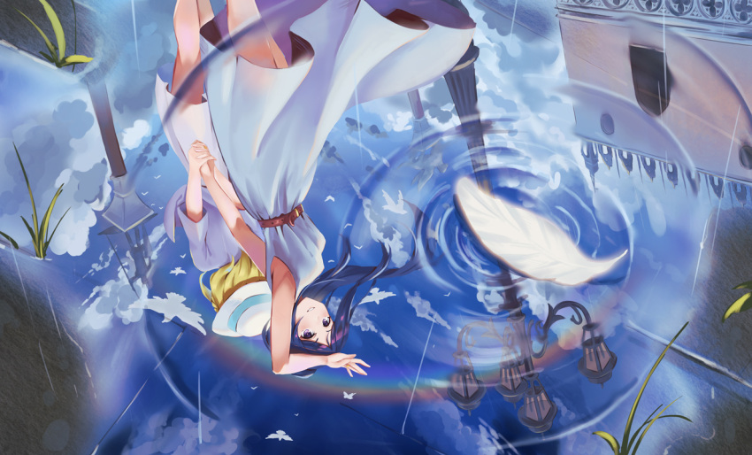 2girls, bird, blonde_hair, blue_hair, blush, chiwa_(tsugumisky), feathers, lamppost