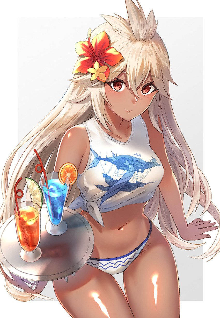 1girl, bangs, bikini, blush, breasts, brown_eyes, closed_mouth, cowboy_shot