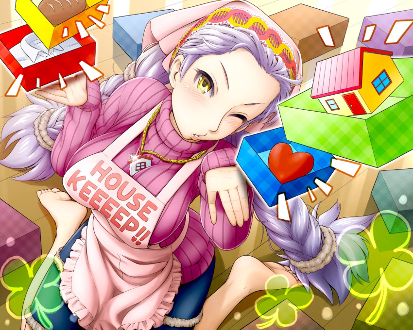 1girl, apron, barefoot, box, braid, bread, breasts, brown_eyes, cell_(card_game), clover, english, feet, food, gift, hairband, heart, house, indoors, jewelry, kneeling, large_breasts, long_hair, looking_up, necklace, one_eye_closed, purple_hair, ribbed_sweater, soles, solo, sweater, toes, twin_braids, very_long_hair, zenzai_(zenzaio72)