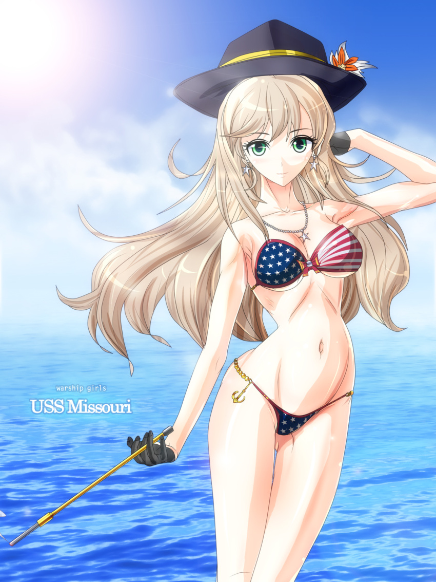 1girl, american_flag_bikini, american_flag_swimsuit, anchor_symbol, arm, arm_at_side, arm_up, bare_arms