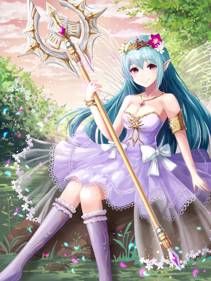 1girl, absurdres, aqua_hair, armlet, bare_shoulders, breasts, cleavage, clouds