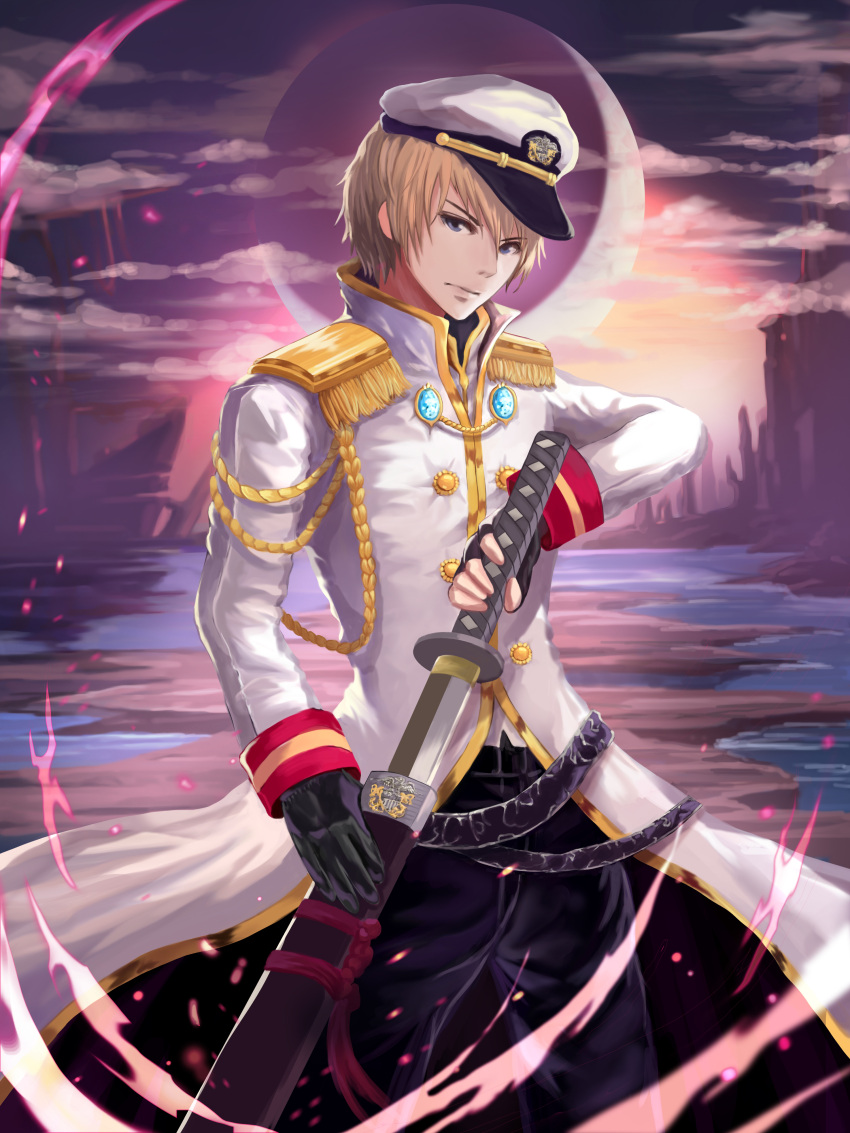1boy, absurdres, black_gloves, black_pants, blonde_hair, blue_eyes, butte, clouds