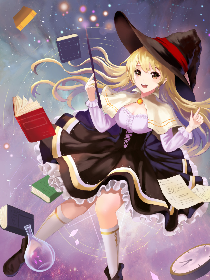 1girl, :d, absurdres, black_dress, black_shoes, blonde_hair, book, bottle, breasts, brown_eyes, cleavage, clock, dew_(7302235), dress, hat, highres, index_finger_raised, long_hair, looking_at_viewer, open_mouth, papers, shoes, smile, solo, stopwatch, wand, watch, white_legwear, witch, witch_hat