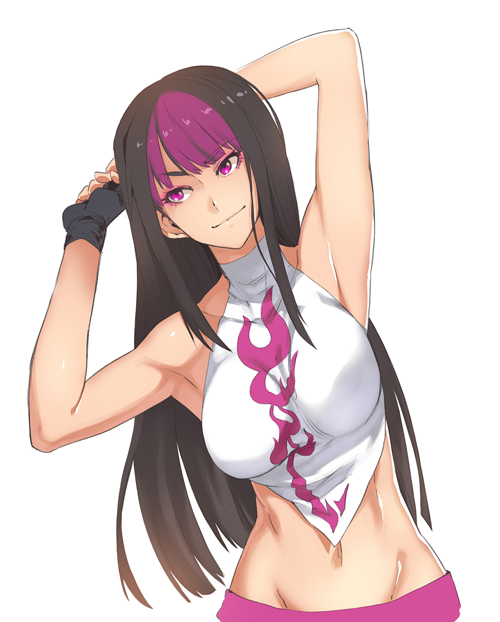 1girl, alternate_costume, alternate_hairstyle, armpits, arms_up, fingerless_gloves, hair_down, han_juri, highres, long_hair, midriff, multicolored_hair, navel, purplevortex, sleeveless, smile, solo, street_fighter, street_fighter_v, two-tone_hair, upper_body, violet_eyes